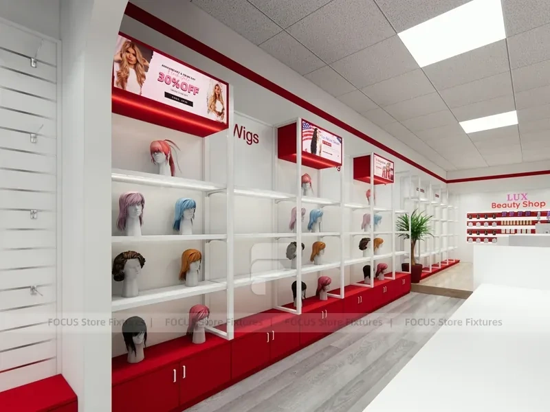 White Wall Mounted Beauty Supply Shelving with Cash Wrap for Wig Shop