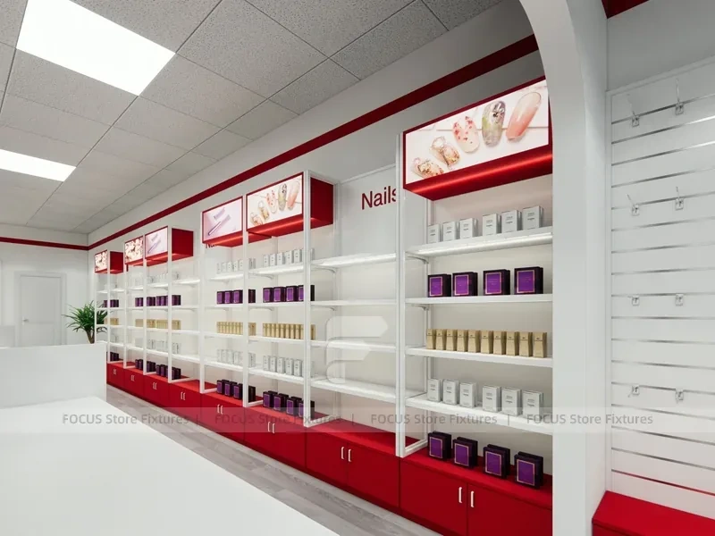 White Wall Mounted Beauty Supply Shelving with Cash Wrap for Wig Shop