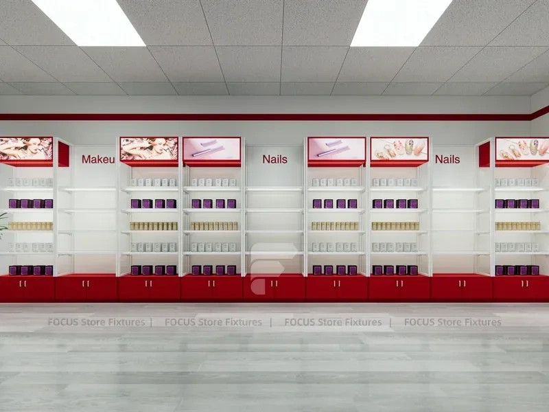 White Wall Mounted Beauty Supply Shelving with Cash Wrap for Wig Shop