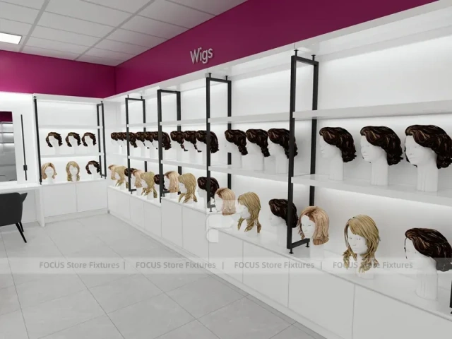 White Wig Display Wall Shelving with Black Frame Supports for Beauty Store