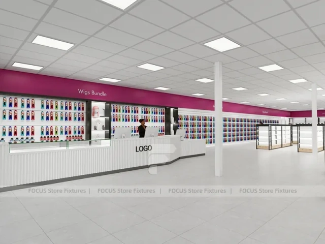 White Wig Display Wall Shelving with Black Frame Supports for Beauty Store