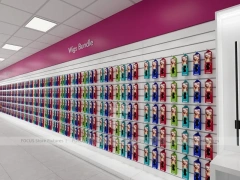 White Wig Display Wall Shelving with Black Frame Supports for Beauty Store
