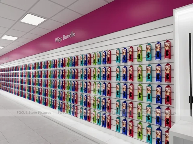 White Wig Display Wall Shelving with Black Frame Supports for Beauty Store