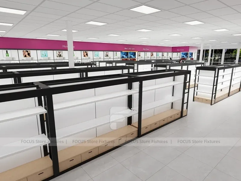 White Wig Display Wall Shelving with Black Frame Supports for Beauty Store