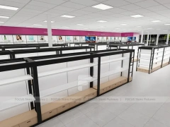 White Wig Display Wall Shelving with Black Frame Supports for Beauty Store