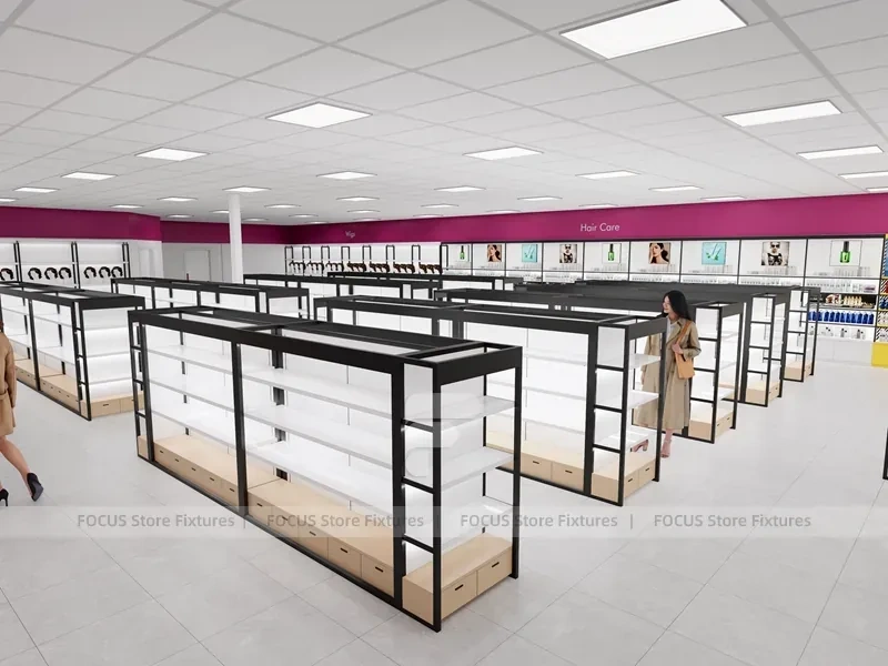 White Wig Display Wall Shelving with Black Frame Supports for Beauty Store