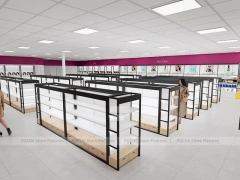White Wig Display Wall Shelving with Black Frame Supports for Beauty Store