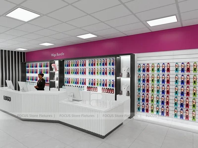 White Wig Display Wall Shelving with Black Frame Supports for Beauty Store
