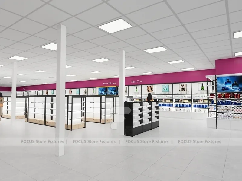 White Wig Display Wall Shelving with Black Frame Supports for Beauty Store