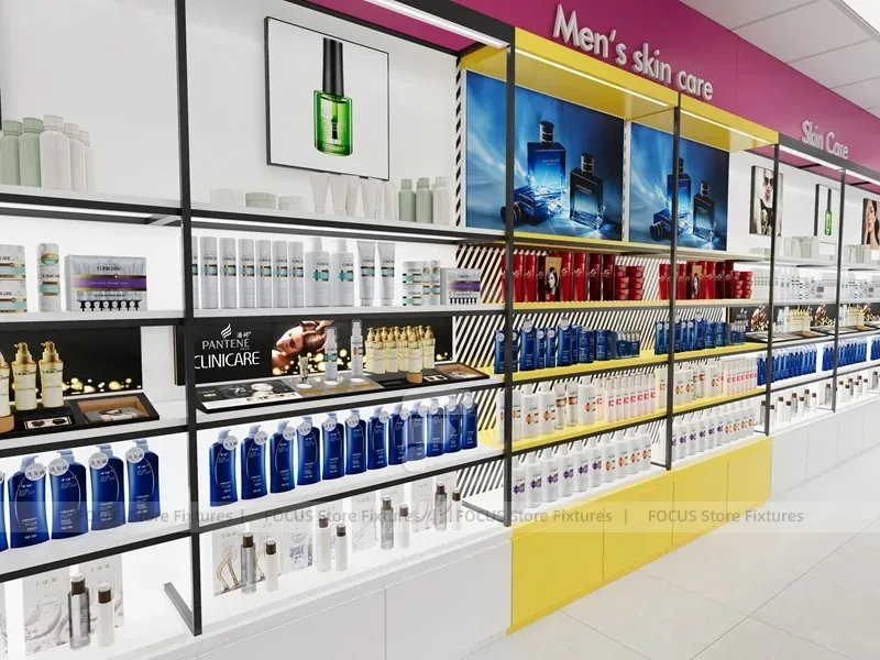 White Wig Display Wall Shelving with Black Frame Supports for Beauty Store