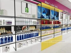 White Wig Display Wall Shelving with Black Frame Supports for Beauty Store