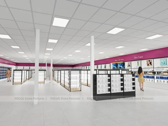 White Wig Display Wall Shelving with Black Frame Supports for Beauty Store