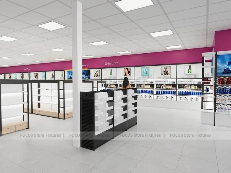 White Wig Display Wall Shelving with Black Frame Supports for Beauty Store