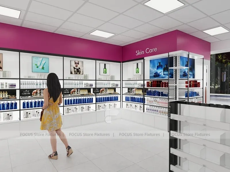 White Wig Display Wall Shelving with Black Frame Supports for Beauty Store