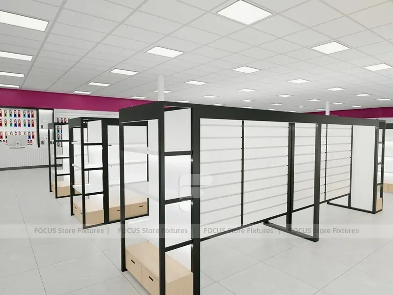 White Wig Display Wall Shelving with Black Frame Supports for Beauty Store