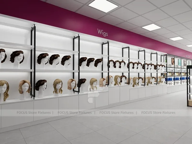 White Wig Display Wall Shelving with Black Frame Supports for Beauty Store