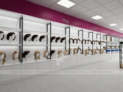 White Wig Display Wall Shelving with Black Frame Supports for Beauty Store