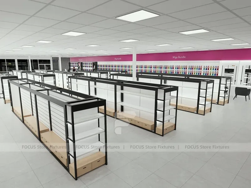 White Wig Display Wall Shelving with Black Frame Supports for Beauty Store