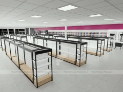 White Wig Display Wall Shelving with Black Frame Supports for Beauty Store