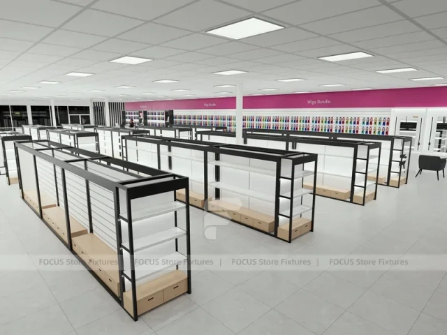 White Wig Display Wall Shelving with Black Frame Supports for Beauty Store