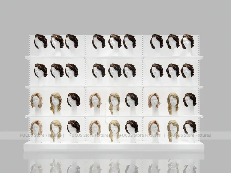 White Wig Display Wall Shelving with Mannequin Ledges for Beauty Store