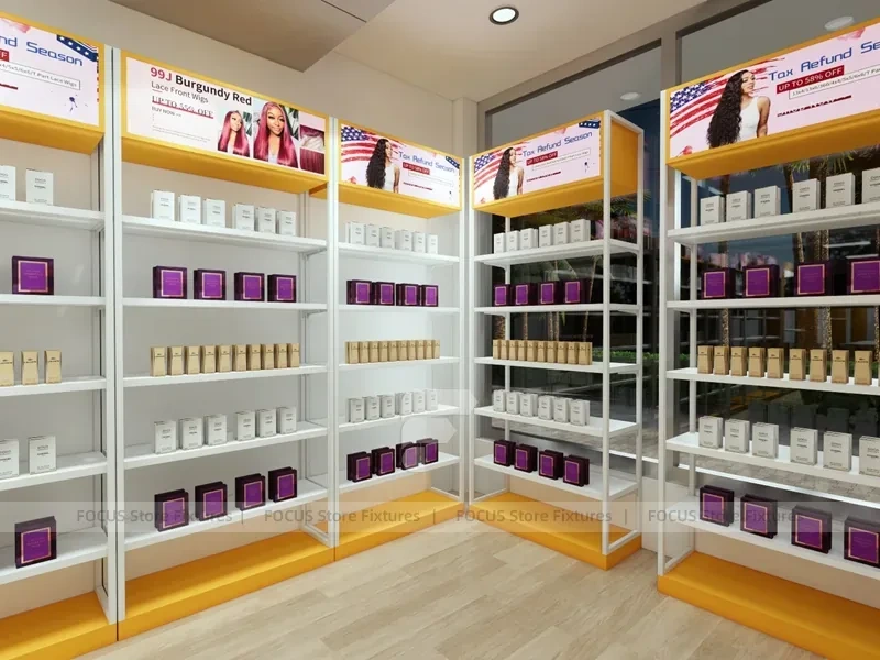 White and Gold Beauty Supply Wall Shelving with LED Toe Kick for Wig Shop