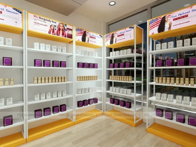 White and Gold Beauty Supply Wall Shelving with LED Toe Kick for Wig Shop