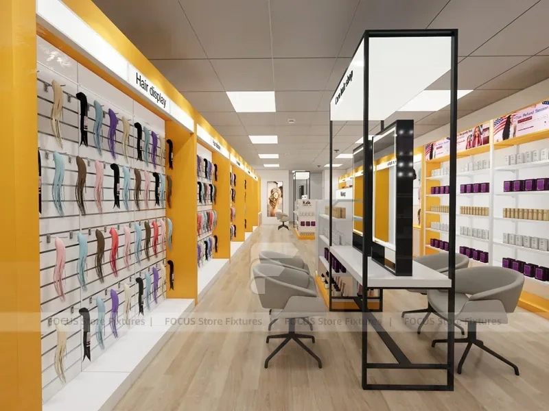 White and Gold Beauty Supply Wall Shelving with LED Toe Kick for Wig Shop