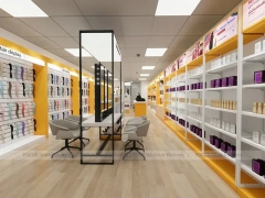 White and Gold Beauty Supply Wall Shelving with LED Toe Kick for Wig Shop