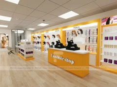 White and Gold Beauty Supply Wall Shelving with LED Toe Kick for Wig Shop