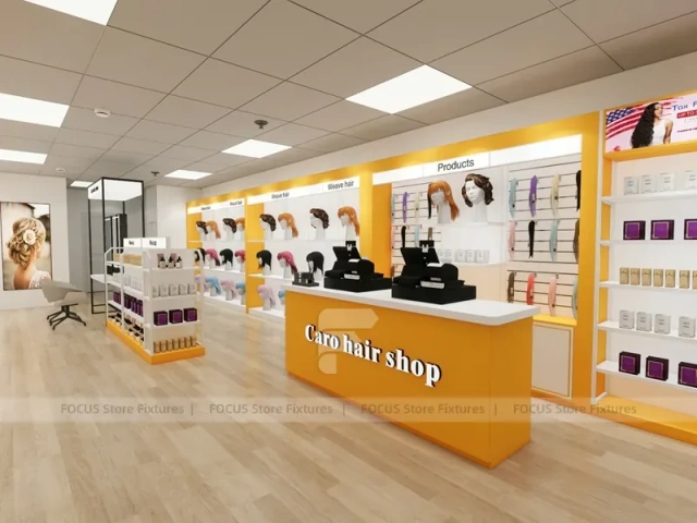 White and Gold Beauty Supply Wall Shelving with LED Toe Kick for Wig Shop