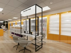 White and Gold Beauty Supply Wall Shelving with LED Toe Kick for Wig Shop