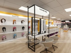White and Gold Beauty Supply Wall Shelving with LED Toe Kick for Wig Shop