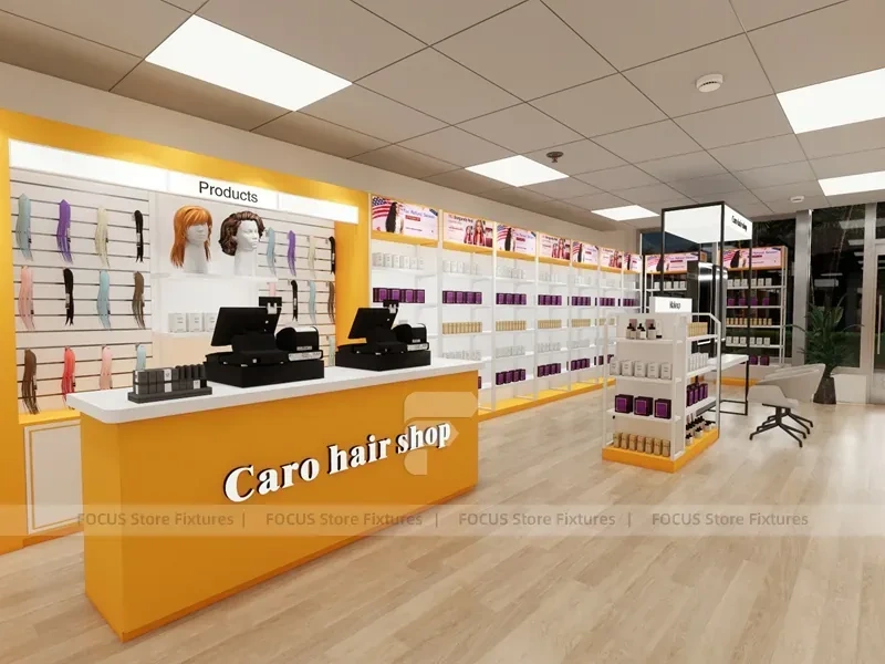 White and Gold Beauty Supply Wall Shelving with LED Toe Kick for Wig Shop