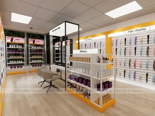 White and Gold Beauty Supply Wall Shelving with LED Toe Kick for Wig Shop