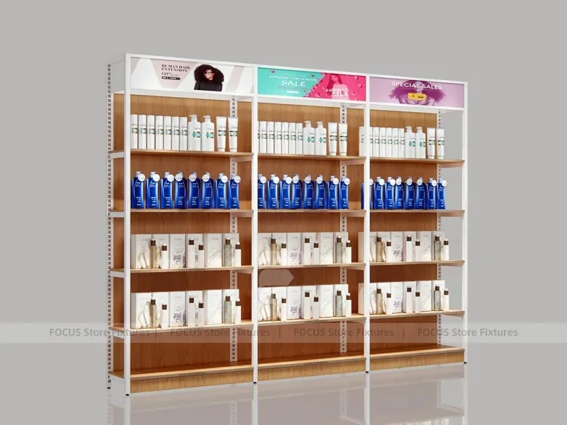 White and Wood Beauty Supply Backwall Shelving System for Wig Shop