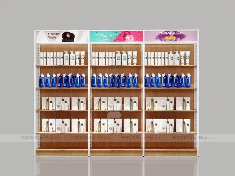 White and Wood Beauty Supply Backwall Shelving System for Wig Shop