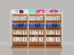 White and Wood Beauty Supply Backwall Shelving System for Wig Shop