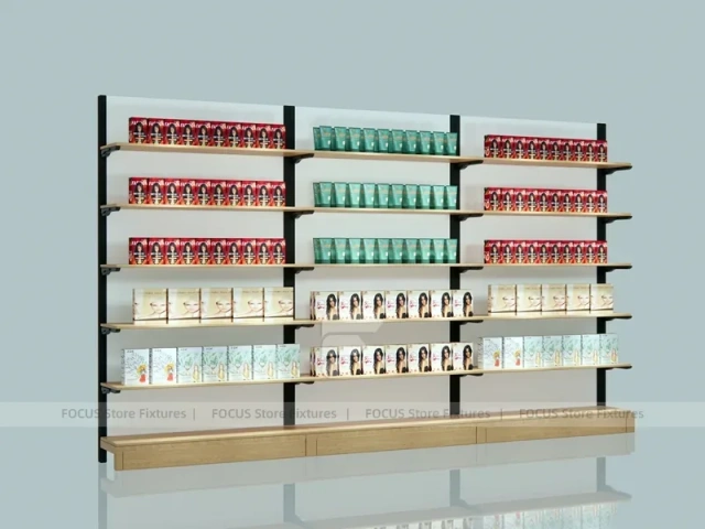 White and Wood Beauty Supply Backwall Shelving System for Wig Shop
