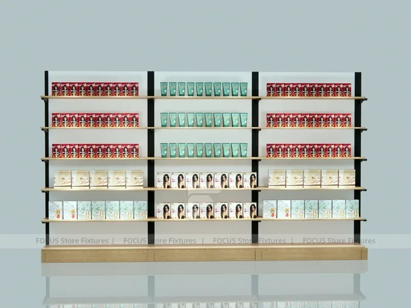 White and Wood Beauty Supply Backwall Shelving System for Wig Shop