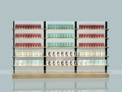 White and Wood Beauty Supply Backwall Shelving System for Wig Shop
