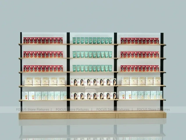 White and Wood Beauty Supply Backwall Shelving System for Wig Shop