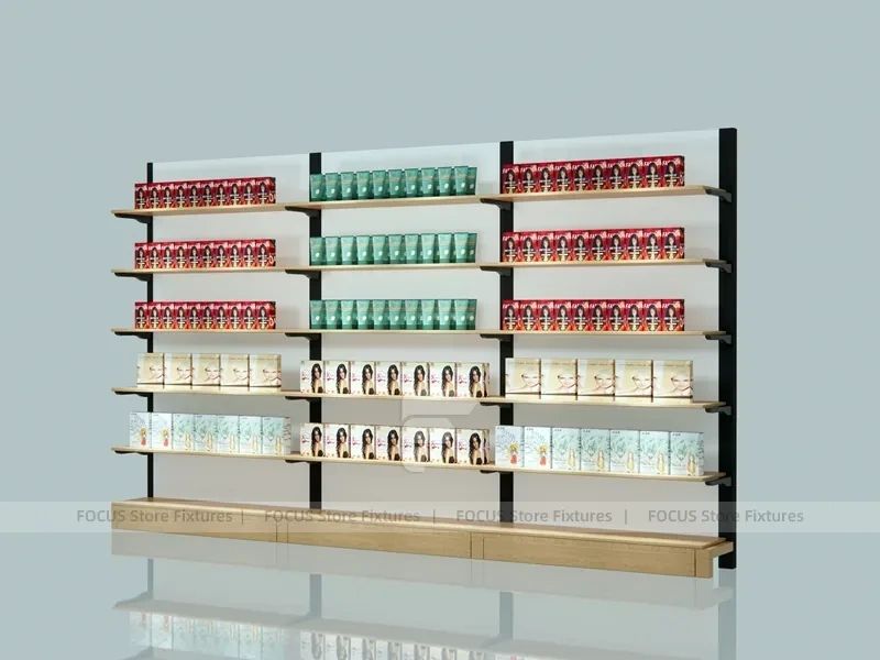 White and Wood Beauty Supply Backwall Shelving System for Wig Shop