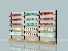 White and Wood Beauty Supply Backwall Shelving System for Wig Shop