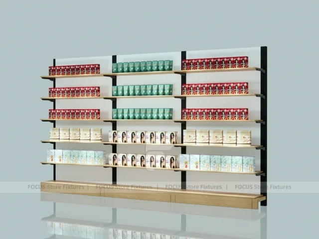 White and Wood Beauty Supply Backwall Shelving System for Wig Shop