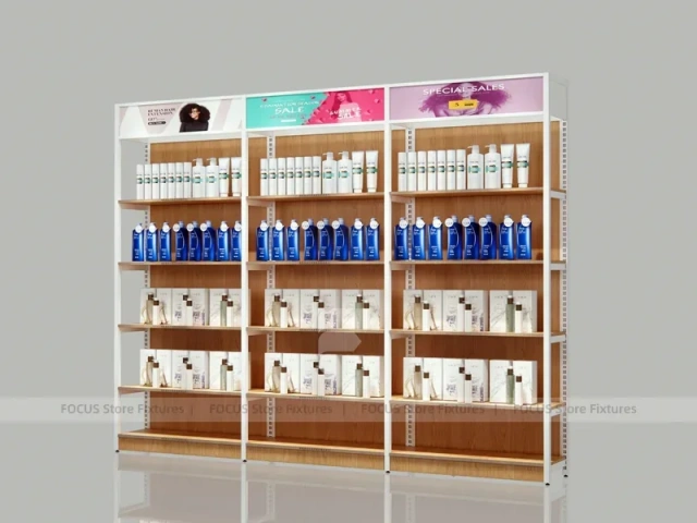 White and Wood Beauty Supply Backwall Shelving System for Wig Shop