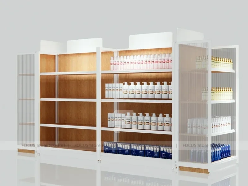 White and Wood Beauty Supply Shelving with Side Illuminated Tower for Wig Shop