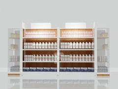 White and Wood Beauty Supply Shelving with Side Illuminated Tower for Wig Shop