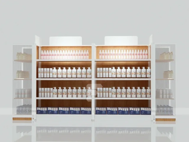 White and Wood Beauty Supply Shelving with Side Illuminated Tower for Wig Shop