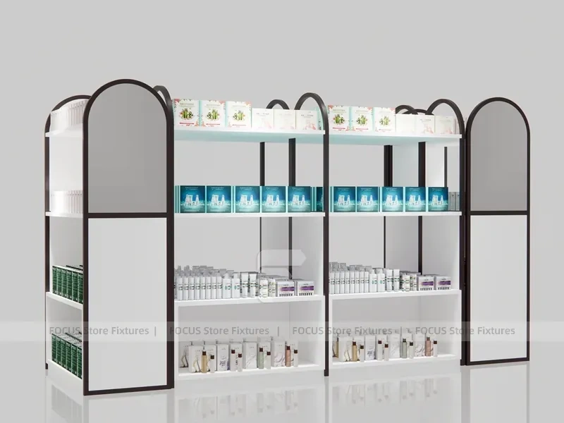 White and Wood Beauty Supply Shelving with Side Illuminated Tower for Wig Shop